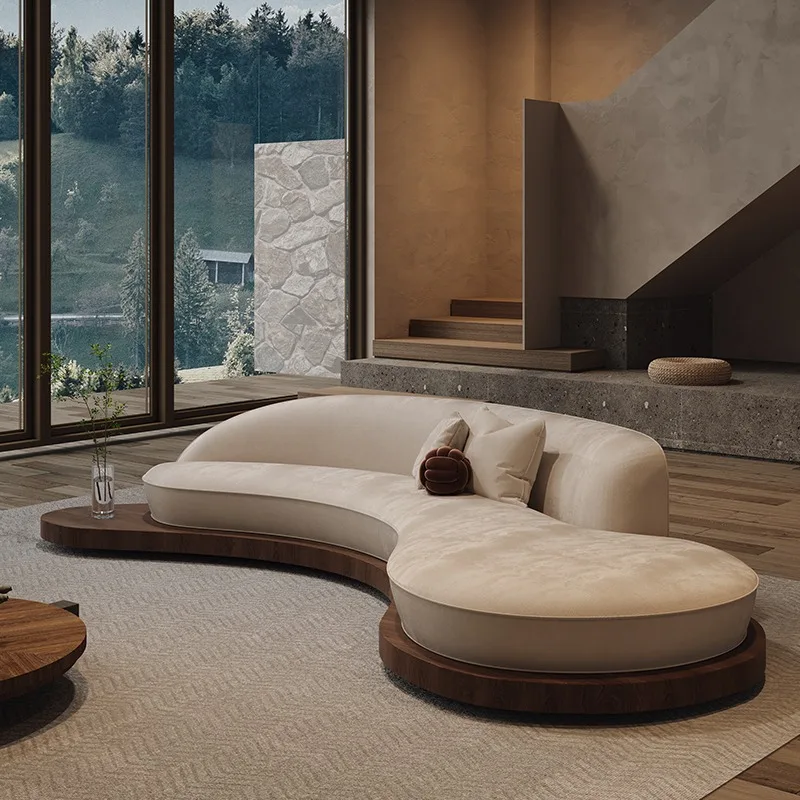 Curved special-shaped sofa solid wood floor mid-ancient wabi-sandy wind business small apartment bed and breakfast rest area