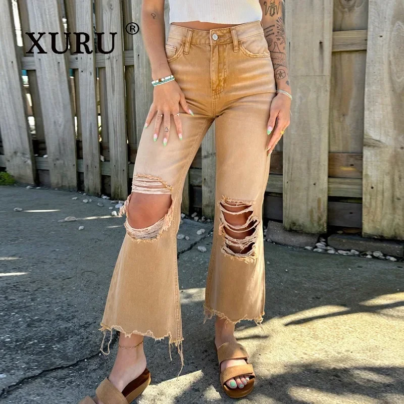 

XURU - European and American New Slim Fit Perforated Jeans Women's Wear, Straight Tube Loose Wide Leg Long Jeans K1-6813