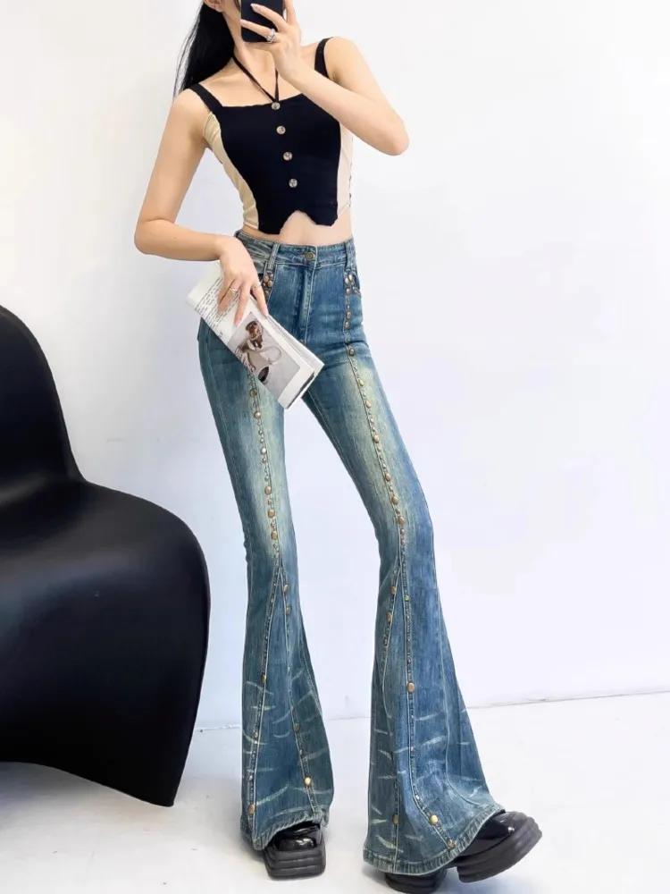 Fashion Slim Fit Sexy Women High Waist Jeans Spring New Summer Vintage Design Streetwear Denim Pants Female Rivets Flared Jeans