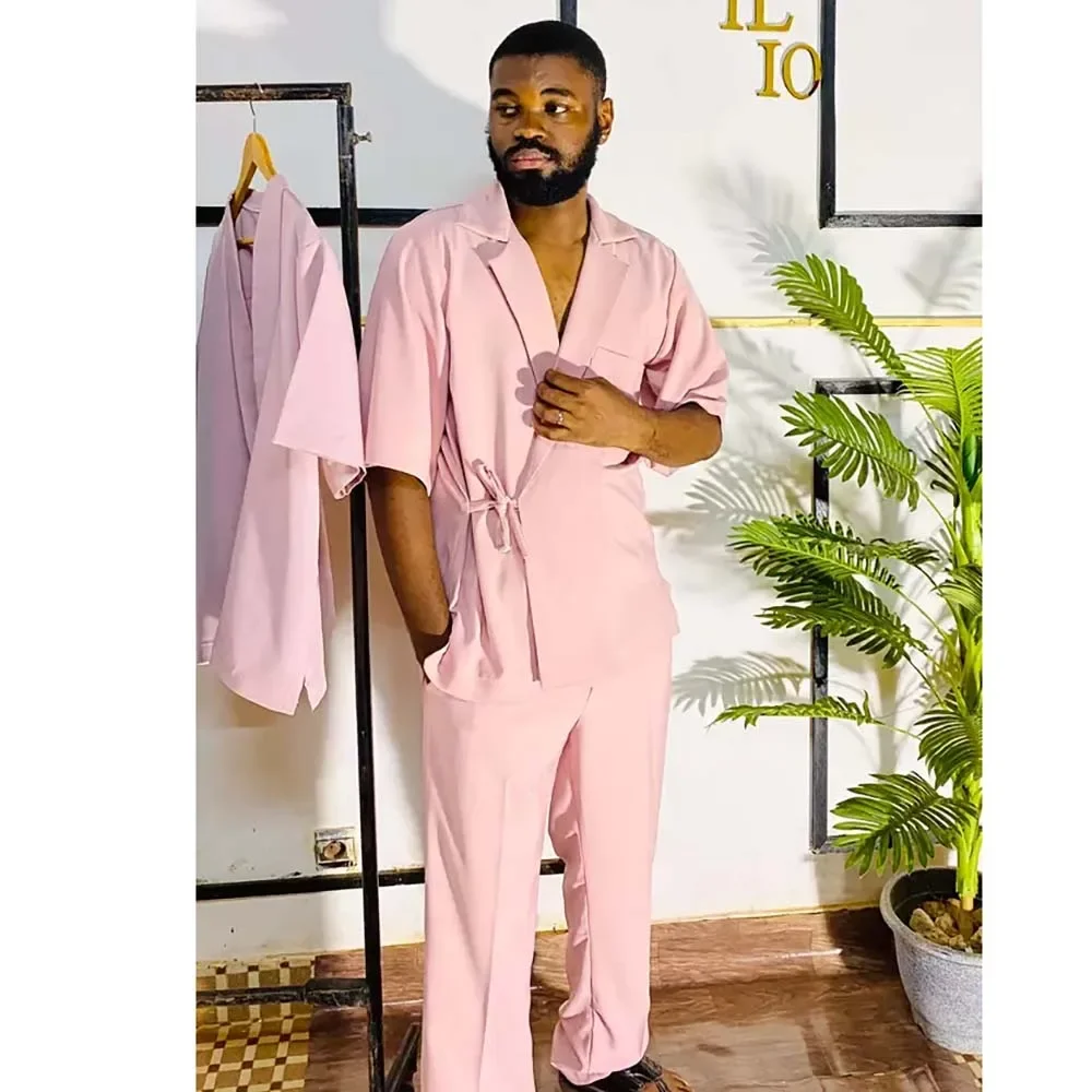 

Loose Pink Short Sleeve Notch Lapel Summer Men Suits Daily Full Set Custom Bespoke Outfits Set 2 Piece Jacket Pants Set 2024