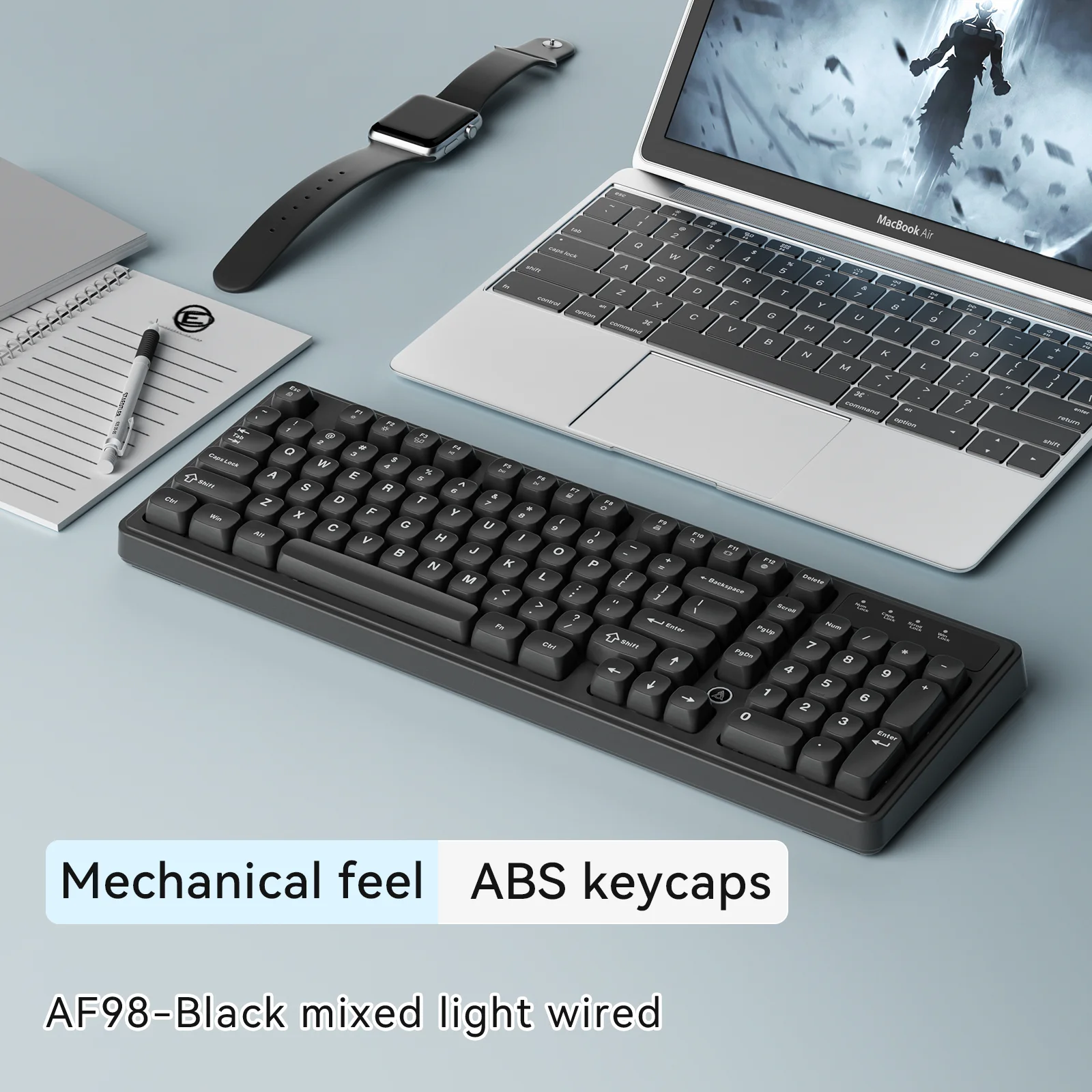 Het AJAZZ AF98 bedraadde full-size membraantoetsenbord heeft mechanisch aanvoelende ABS-toetsen, waardoor het geschikt is voor kantoorwerk en gaming. Het ondersteunt het schakelen tussen Windows, Mac