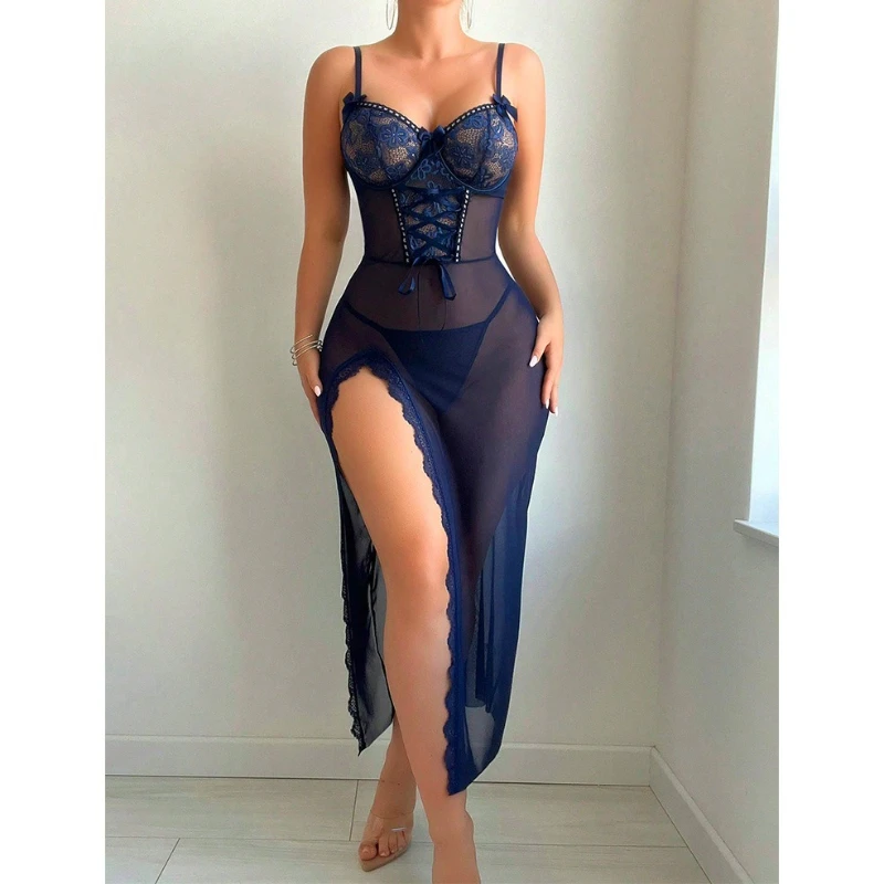 2025 nuove signore di estate sexy pizzo con scollo a V biancheria intima semi trasparente perizoma set biancheria intima vestito set donne lingerie camicie da notte
