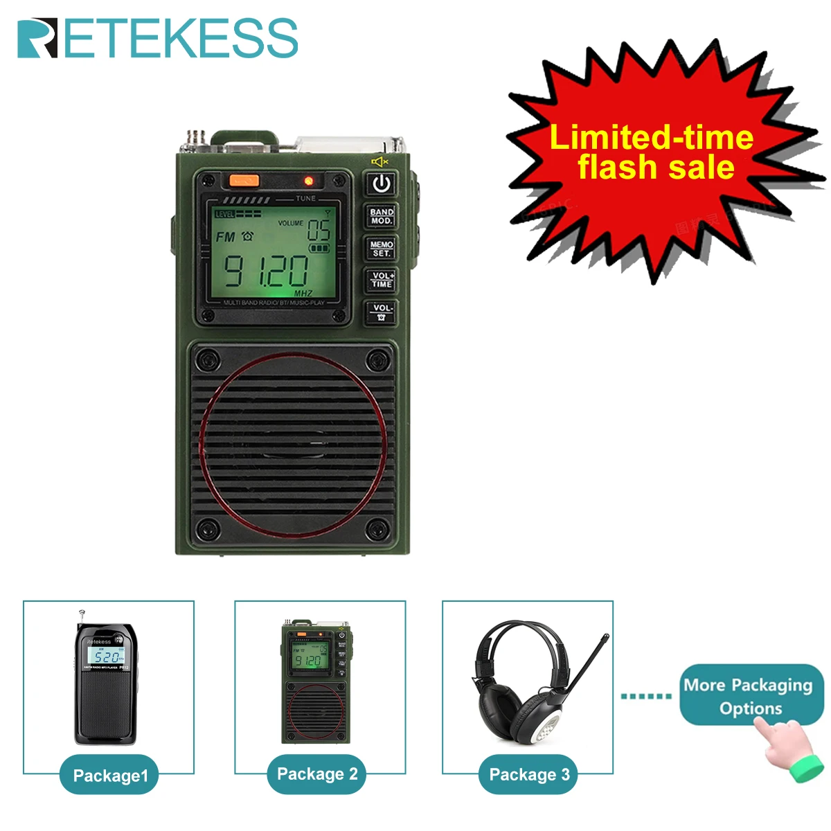 RETEKESS Portable Radio Headphones Multiple Frequency Band, Rechargeable Radio, Excellent Sound for Outdoor and Gift Use