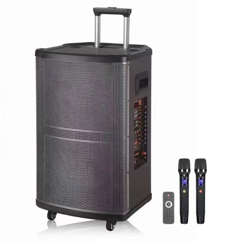 Professional High Power 15-inch BT Stereo HIFI Wooden Wireless Speaker with Microphone Party Stage Trolley Woofer