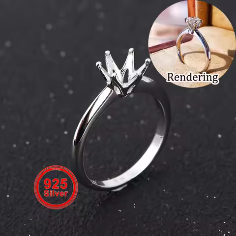 1-3ct Classic Six-Prong Solid Fixed Ring Setting, S925 Sterling Silver Material, Simple DIY Ring Accessory