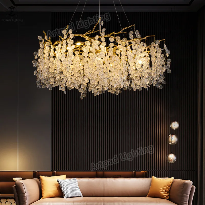 Candelabros de cristal grandes LED, candelabro de sala de estar de lujo para techo de cristal, iluminación creativa interior