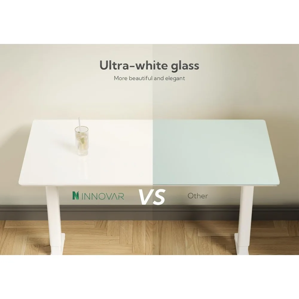 مكتب زجاجي مع أدراج، مكتب قائم قابل للتعديل مقاس 55 × 24 بوصة، مكتب كمبيوتر مكتبي منزلي سريع التركيب، أبيض