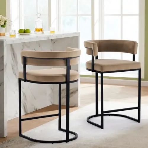 Set of 2 Brown Modern Velvet Bar Stools with Barrel Backrest, Upholstered Seat, and Black Metal Footrest – 25.6-Inch