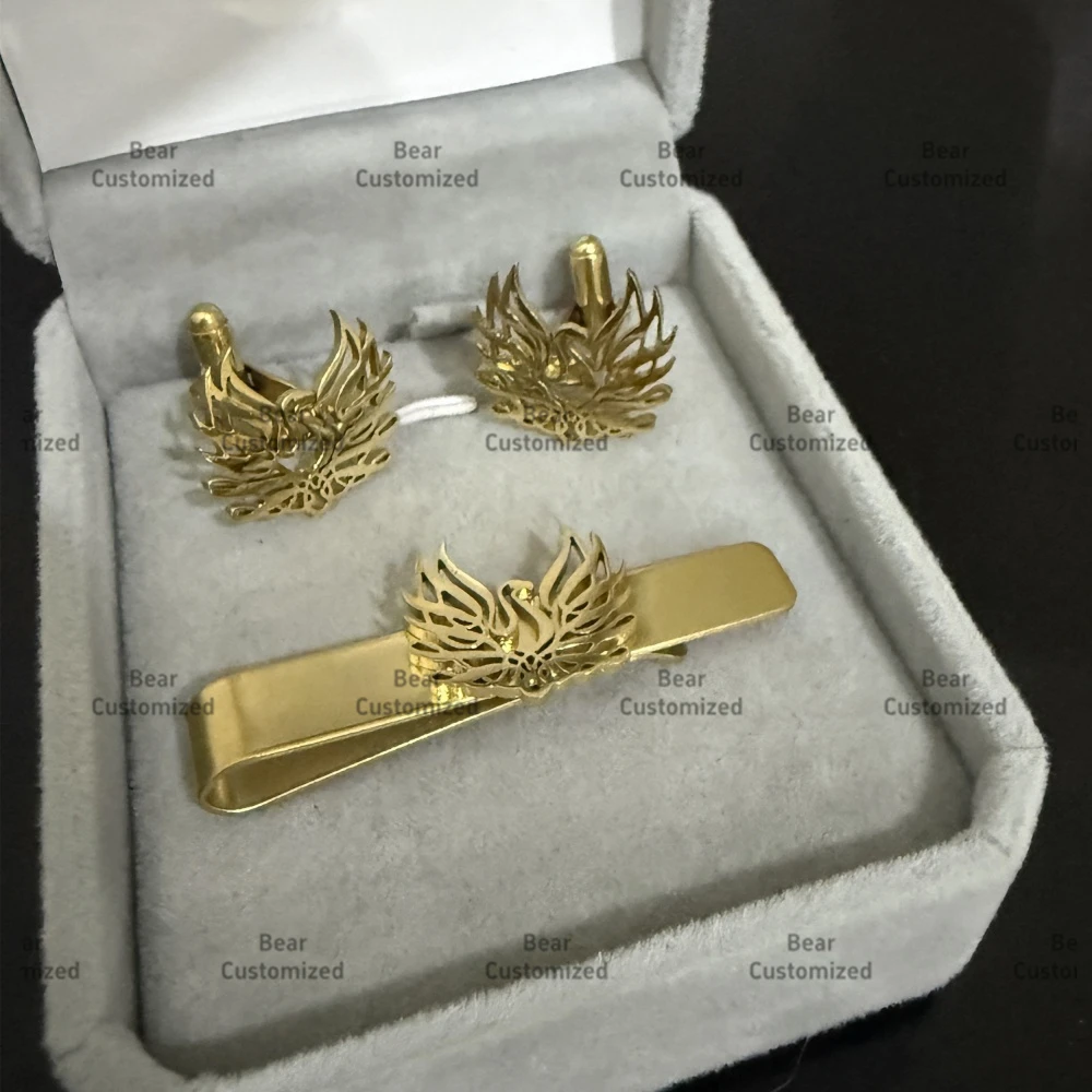 Custom Cufflink Tie Set Bar Personalized Logo Phoenix Lapel Pin Groomsmen Wedding Business Suit Accessories for Men Formal Wear view 4