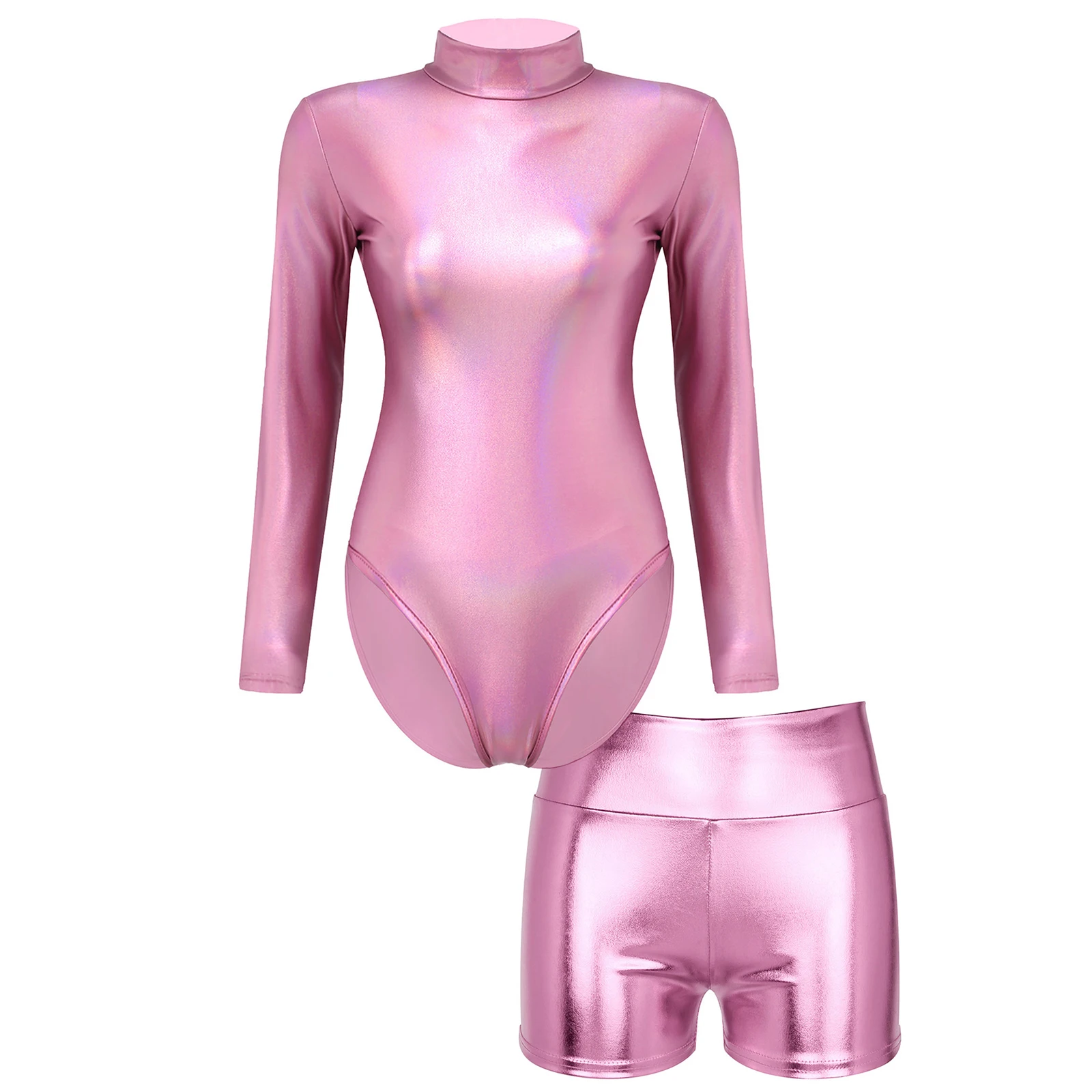 

2PCS Womens Dance Suits Metallic Shiny Turtleneck Long Sleeve Leotard Bodysuit with High Waist Shorts Stage Performance Costumes