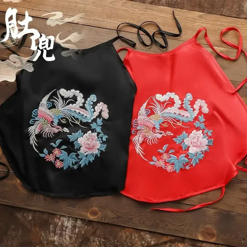 

Sexy Satin Black Red Lace Up Phoenix Flower Embroidered Belly Vest Pajamas for Women Oriental Vintage Hanfu Inner Wear S M L