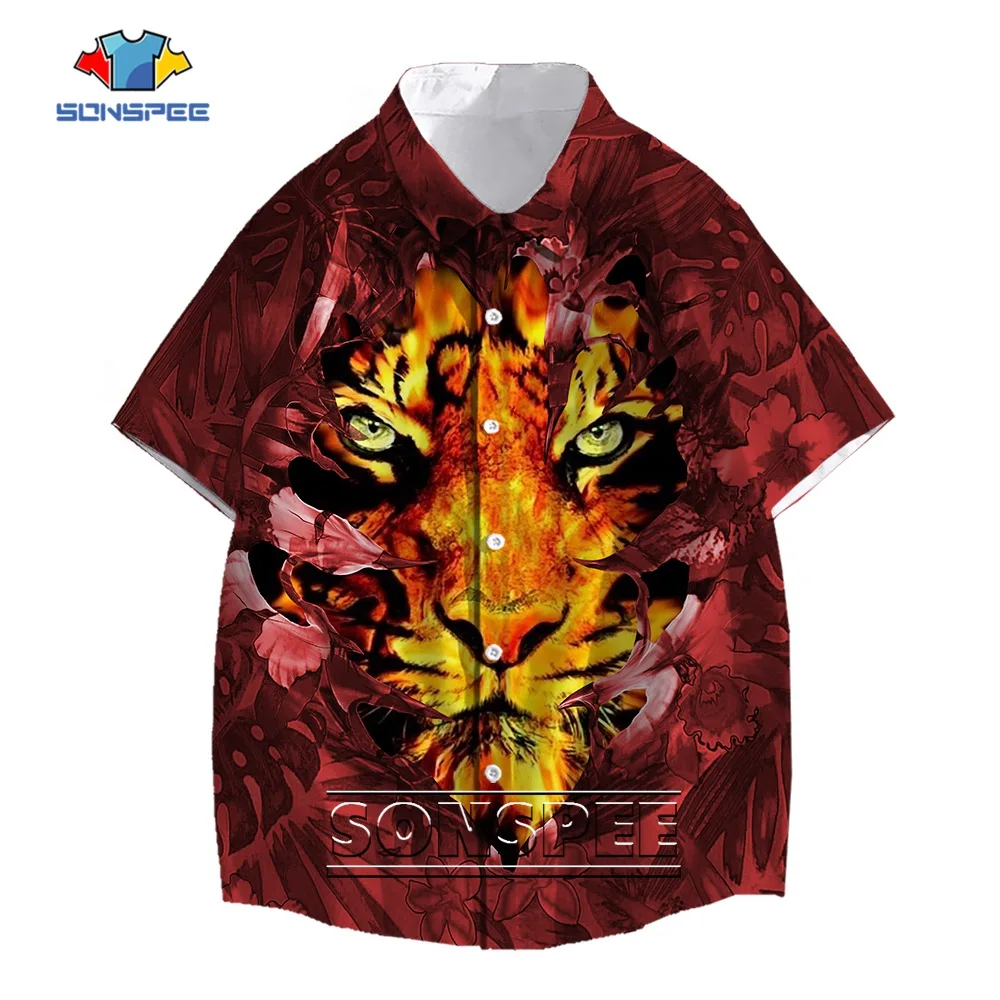 

SONSPEE Ferocious Trend Style 3D Print Shirt Men Women's Red Animal Tiger Graphic Couples Street Oversize Short Sleeve Blouse