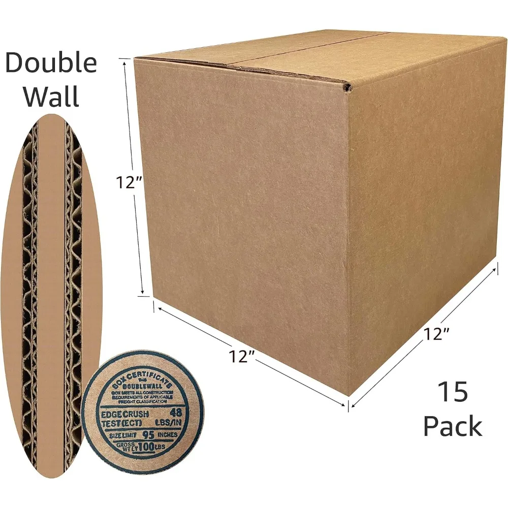 صناديق شحن مموجة شديدة التحمل بوزن 275 رطل - 15 عبوة، 12 × 12 × 12 بوصة، قوية ومتينة للتحريك والتغليف