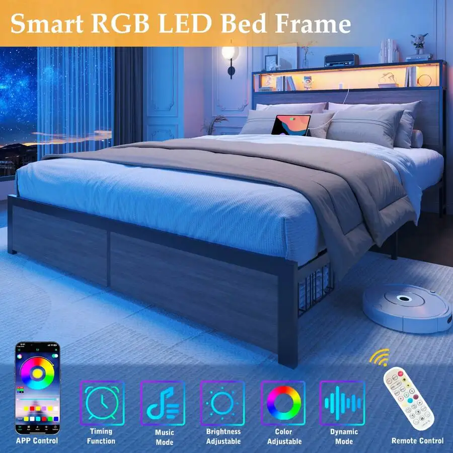 Queen & Full Bed Frame With Storage, 2-Tier Storage Headboard & Built-In Drawers, Metal Platform Bed With USB Charging Station & LED Lights, Noise Free, No Box Spring Needed, Easy Assembly,Rustic Grey - view 8