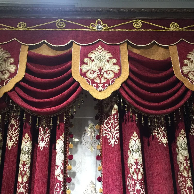 Luxury European Embroidered Bright Red Valance Curtains for Living Dining Room Bedroom Window Home Decor Blackout White Tulle
