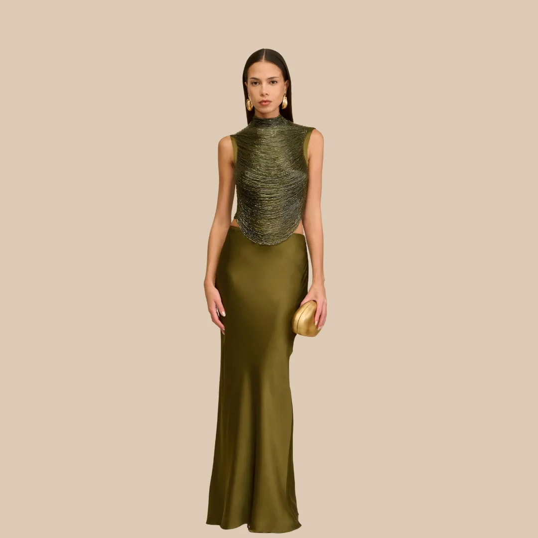 

New Army Green Tassel Women Prom Dress 2 Pieces Skirt Set Sexy Sleeveless Top Bra Party Gown Formal Sheath Evening Birthday Robe