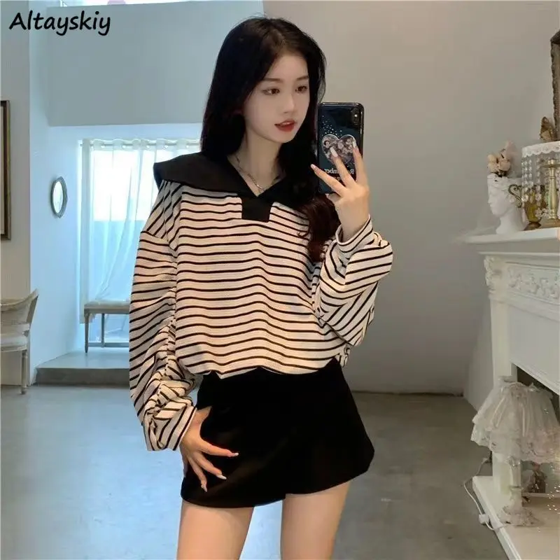 T-shirts Women Sailor Collar Long Sleeve Striped Loose Tops Spring American Fashion Age-reducing Preppy Style Students Leisure