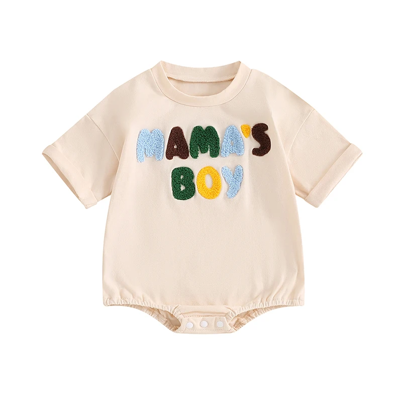 

Newborn Baby Boy Summer Outfit Mama s Boy Letter Embroidery Short Sleeve Bubble Romper Infant Boys Outfit