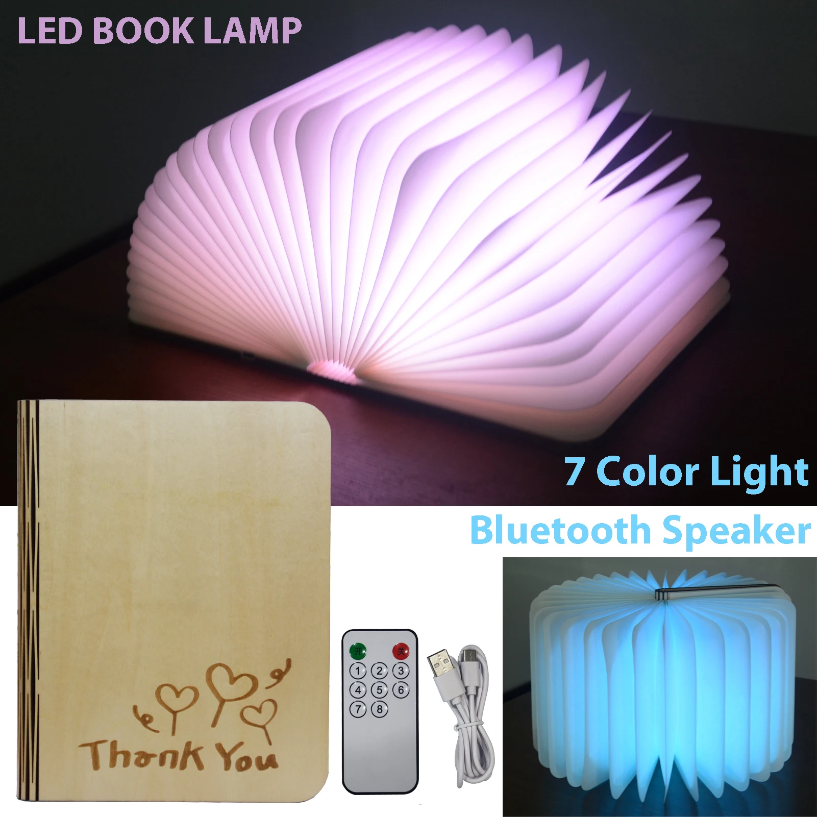 

7 Colors Changing Folding Book Lamp Wireless Blutooth Speaker Player Rechargeable LED Paper Lantern Portable Bedside Light