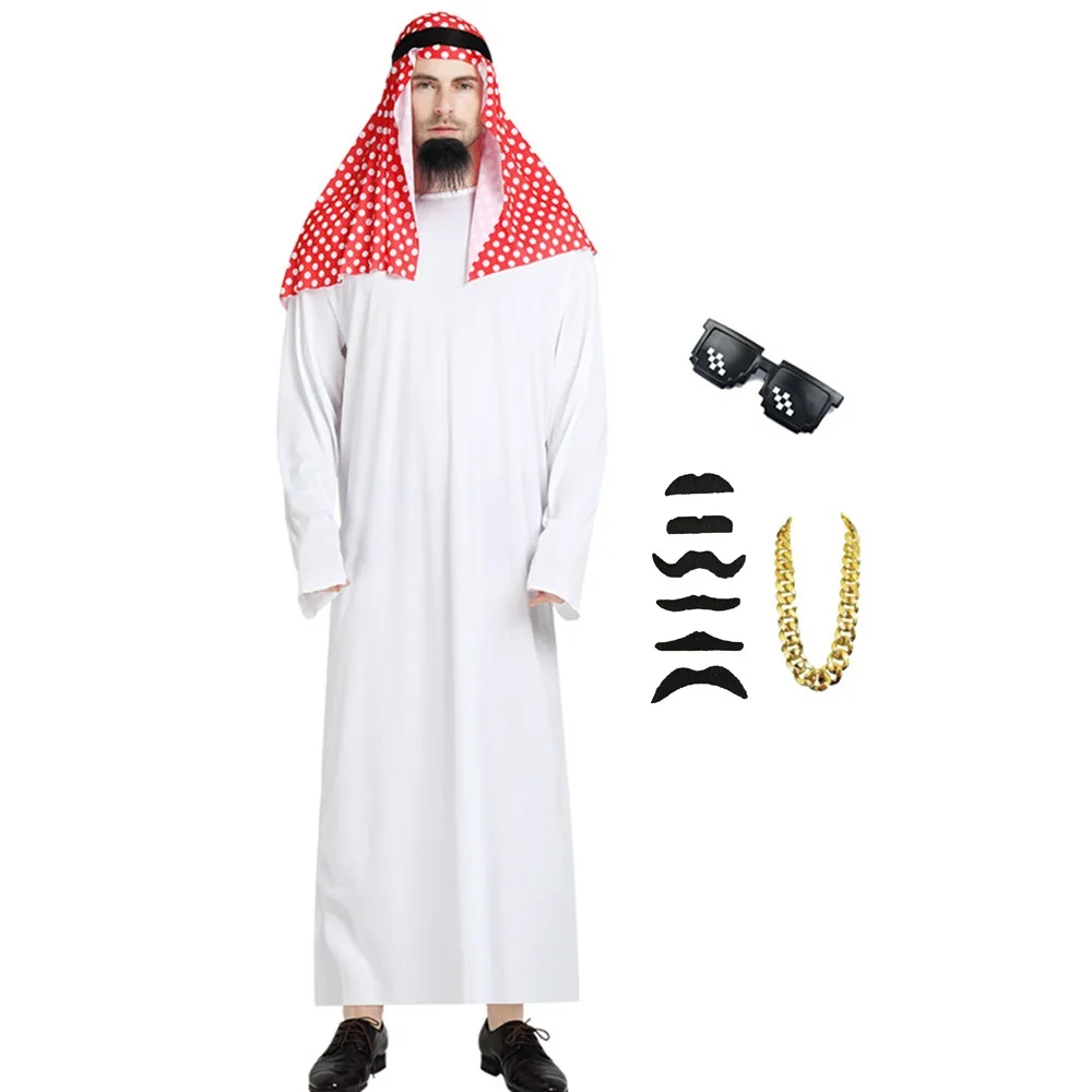 Traje Árabe con Túnica Blanca, Pañuelo Rojo para la Cabeza, Barba Falsa, Conjunto de Túnica Árabe, Disfraz de Jeque Árabe del Medio Oriente para Fiesta de Halloween