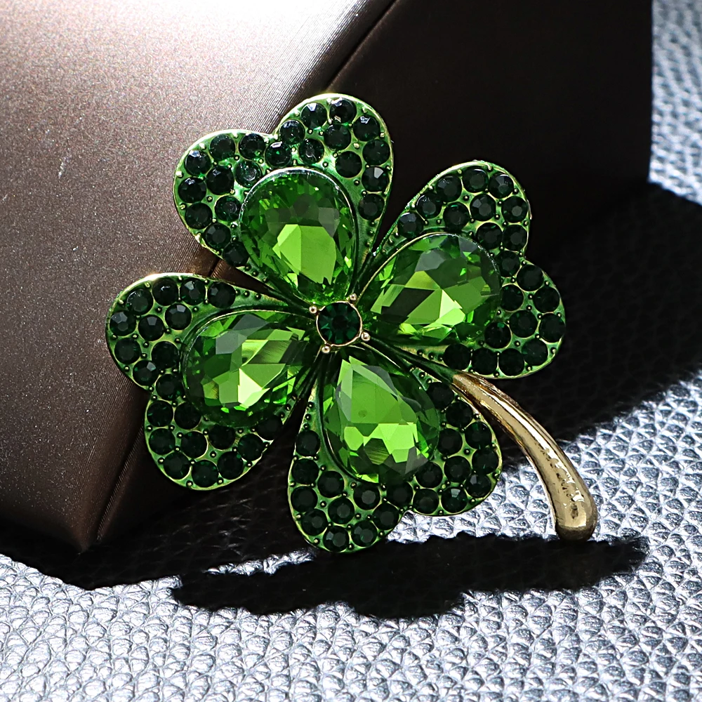 CINDY XIANG Rhinestone Clover Brooches For Women Green And Red Color Pin Peace And Health Plant Jewelry