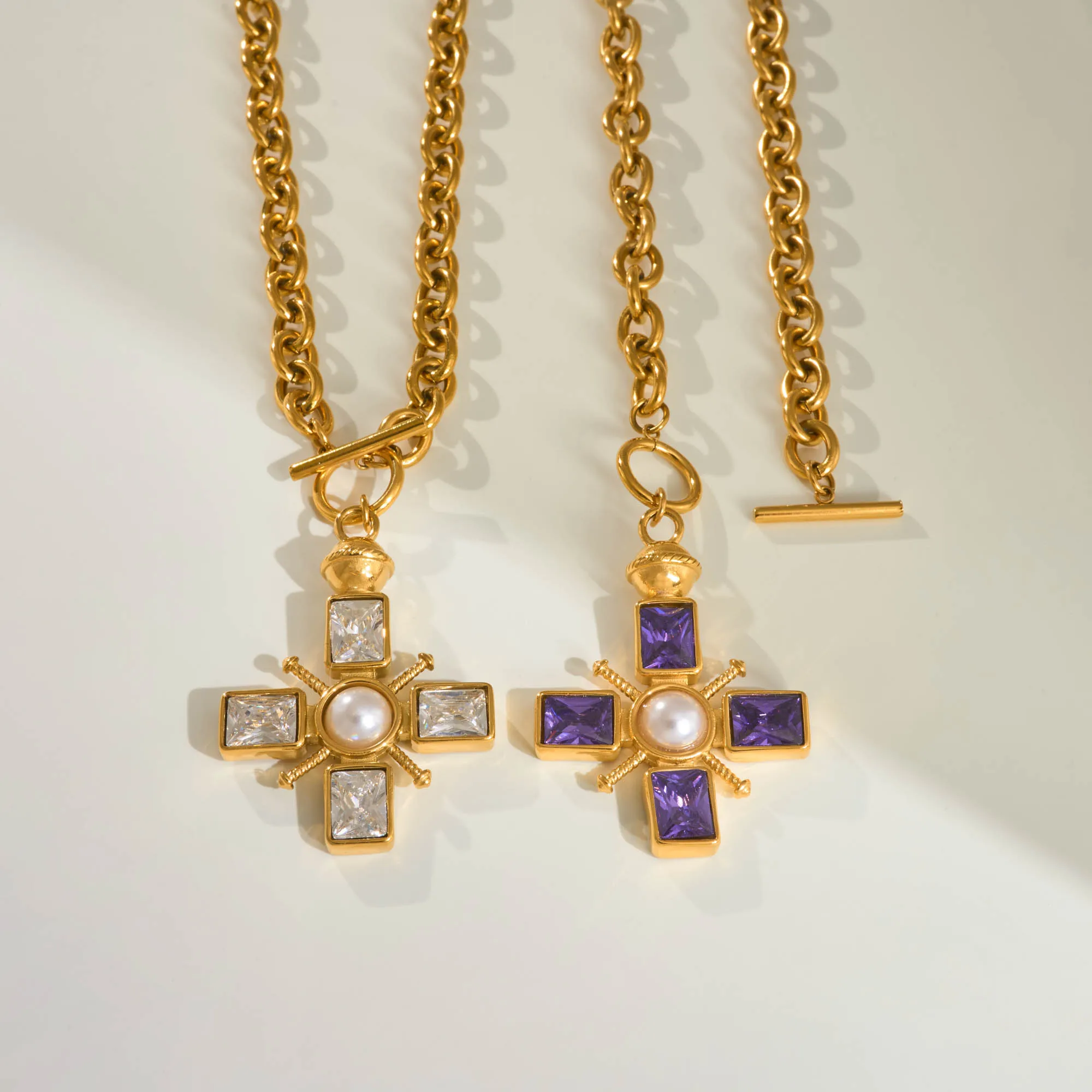 DASEIN Vintage Church Cross Violet Zircon Lucky Chunky Necklace HOT Summer New 18k Pvd Gold Plated Stainless Steel Women Jewelry