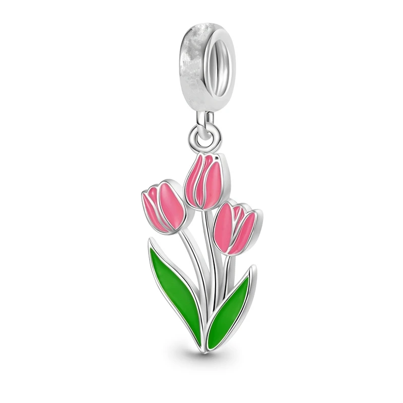 Hot Sale Blooming Tulip Narcissus & Rose Flower Pendant Charm Bead Fit Original Pandora 925 Sterling Silver Bracelet DIY Jewelry