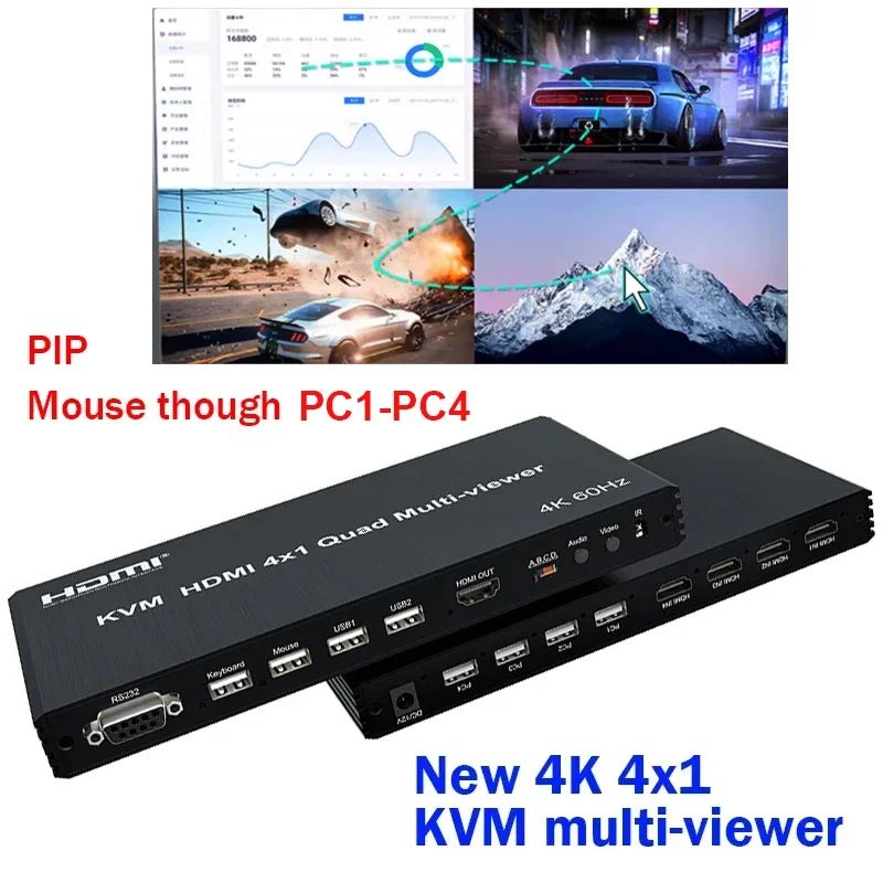 kvm 4x1 hdmi quad multiviewer pip 90 180 flip para pcs compartilham teclado usb e mouse de controle atraves de laptops 4k 60hz 01