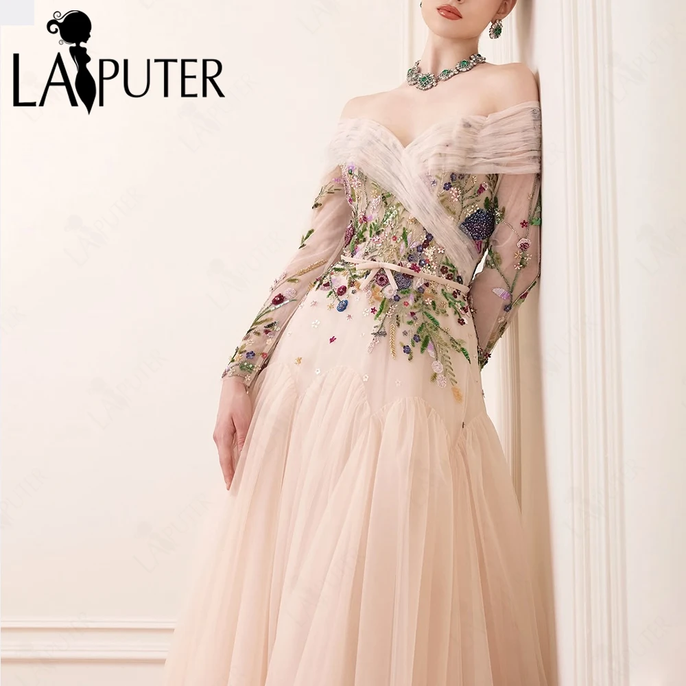 

Fairy Tulle Woman Evening Dress Hand-Bead Green Flowers A line Prom Dress Off Shoulder Crisscross Ruch Long Sleeves Formal Dress