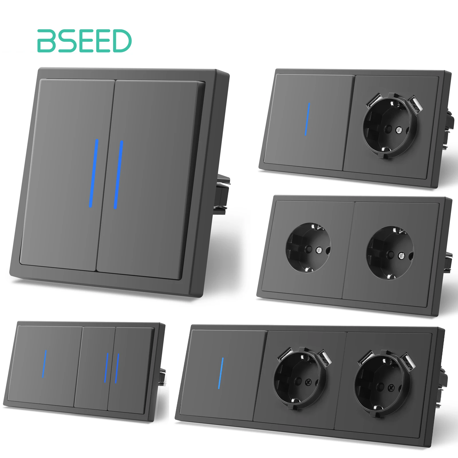 

BSEED EU Large Button Switches With LED Indicator Wall Light Switch USB Phone Charge Port 5V Wall Power Socket Gray E-Series