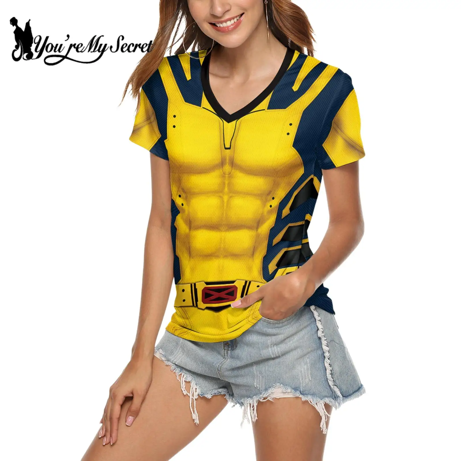 [You\'re My Secret] New Wolverine Cosplay T-Shirt for Women Deadpool Short Sleeved Shirts Carnival Party Tops V-Neck Clothing