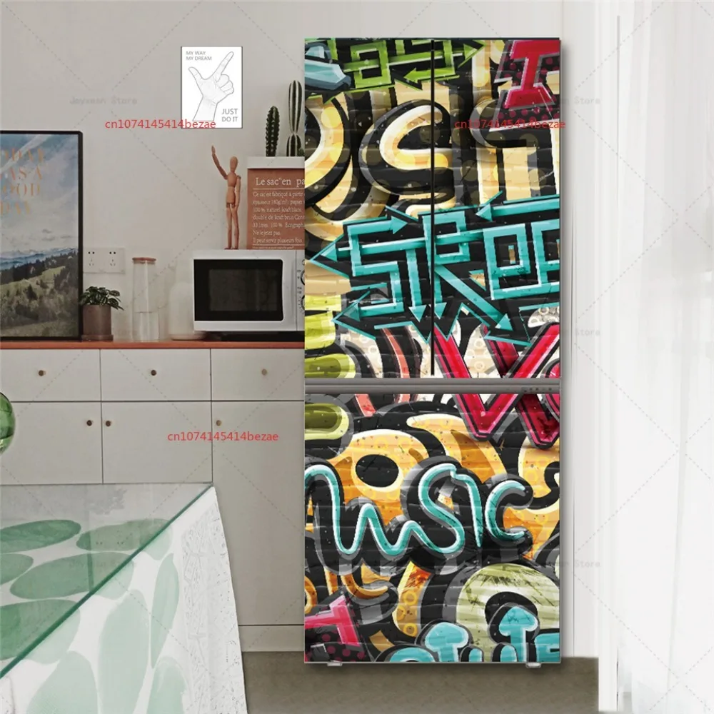 PVC Graffiti Printed Self-adhesive Stickers Refrigerator Waterproof Wallpaper Kitchen Decoration Refrigerator Decal Wallpaper