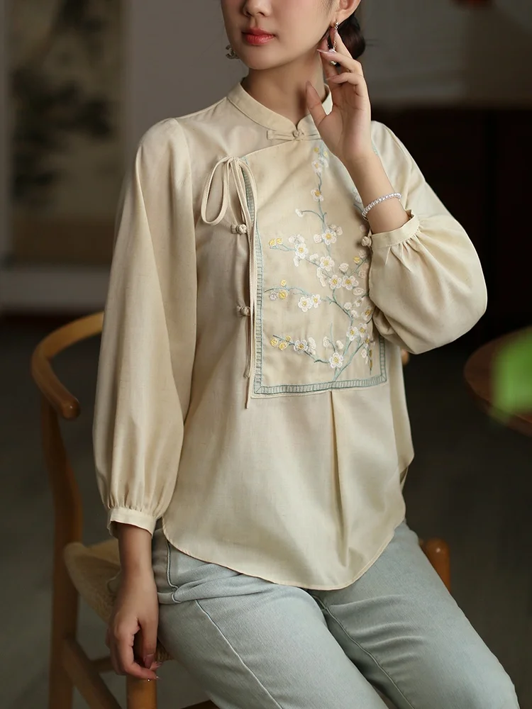 

Jiangnan Style New Chinese Embroidered Modified Top Long Sleeve Tea Service Small Shirt Daily Wear Breathable