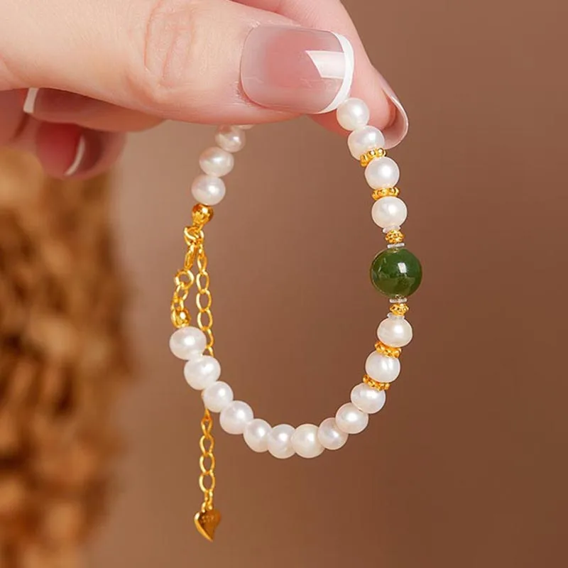 

Natural White Water Ice Hetian Jade Bracelet with Gold Beads Exquisite Green round Beads Hand-Strung Jewelry