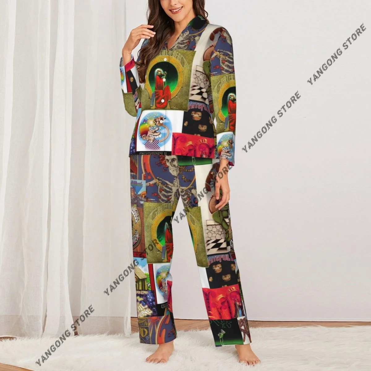 Grateful Dead Womens Pajamas Loungewear Two-piece Sleepwear Button-Down Full Sleeve Long Pajamas Set