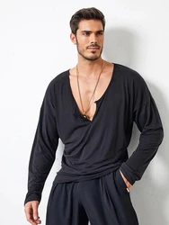 ZYM Winter Spring Long Sleeve Latin Dance Top Wear With Button Men's Dance Wear Loose Fit ZYMdancestyle Basic Deep V Shirt #N018