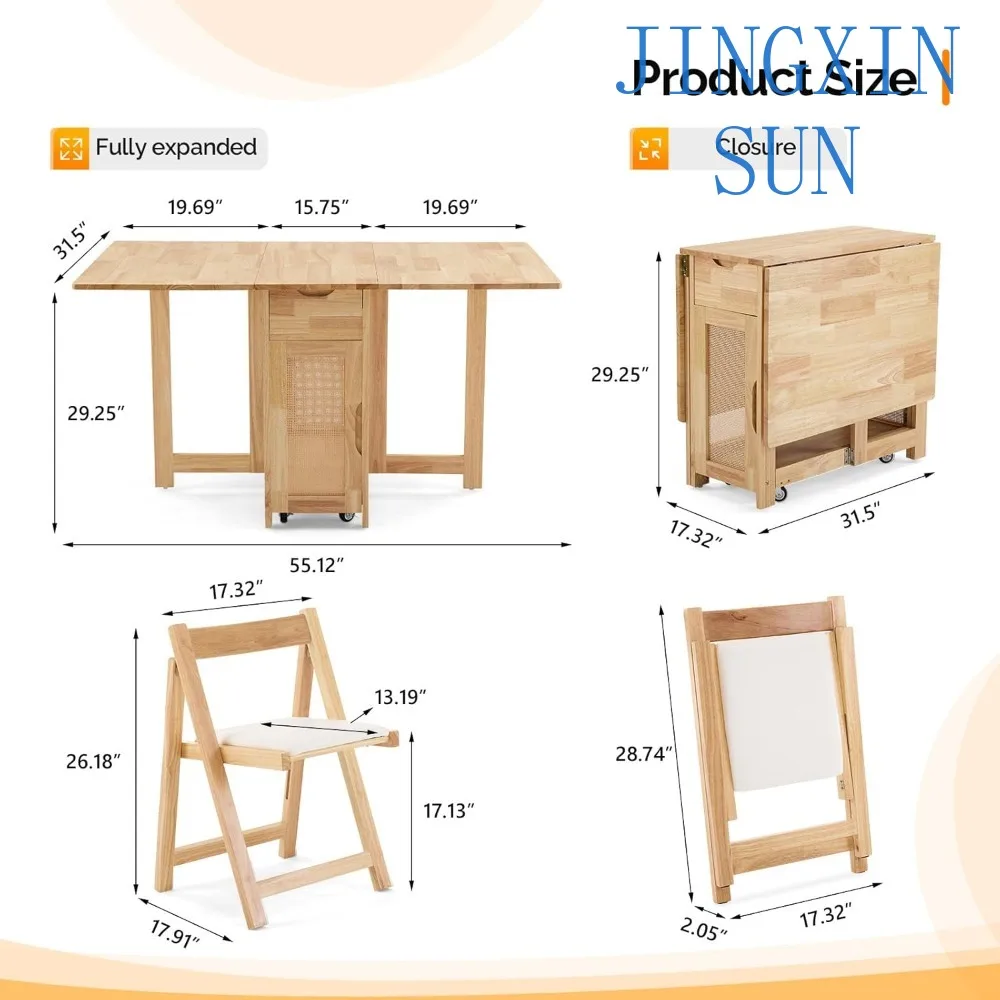 5-Piece Folding Dining Table Set, Extendable Drop Leaf Solid Wood Table with 4 Chairs, Drawers & Wheels, Space-Saving Design fo