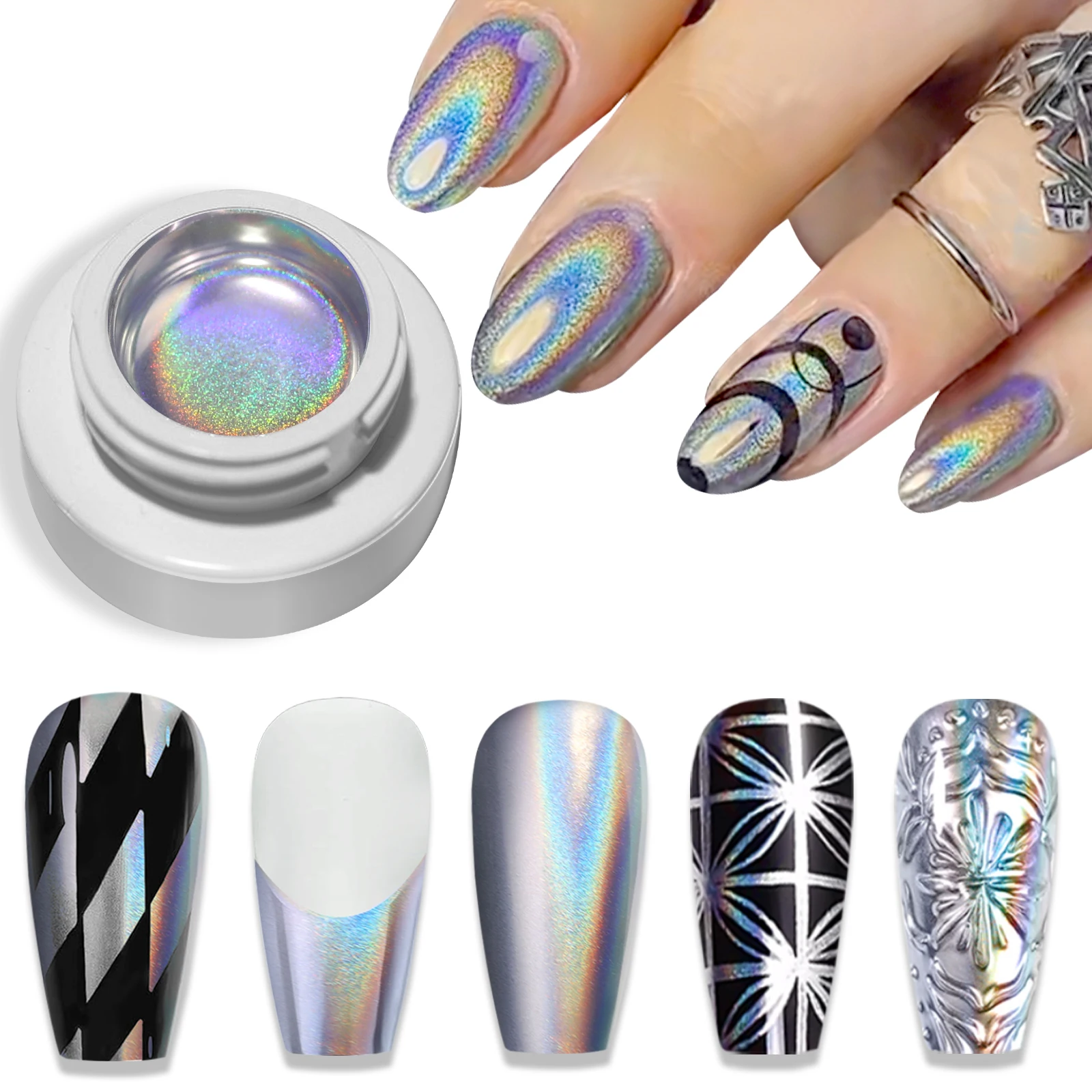 UVジェルネイルポリッシュ,5g,シルバーレーザー,メタリックエフェクト,花柄,ソークオフ,透明カラー