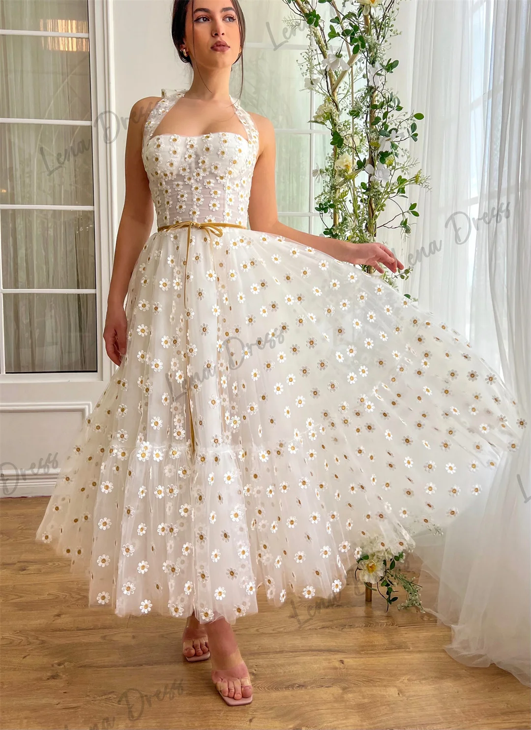 

Lena-2024 White Sweetheart Sleeveless Daisy Handmade Embroidered Flower Lace Dress Ball Evening Dress