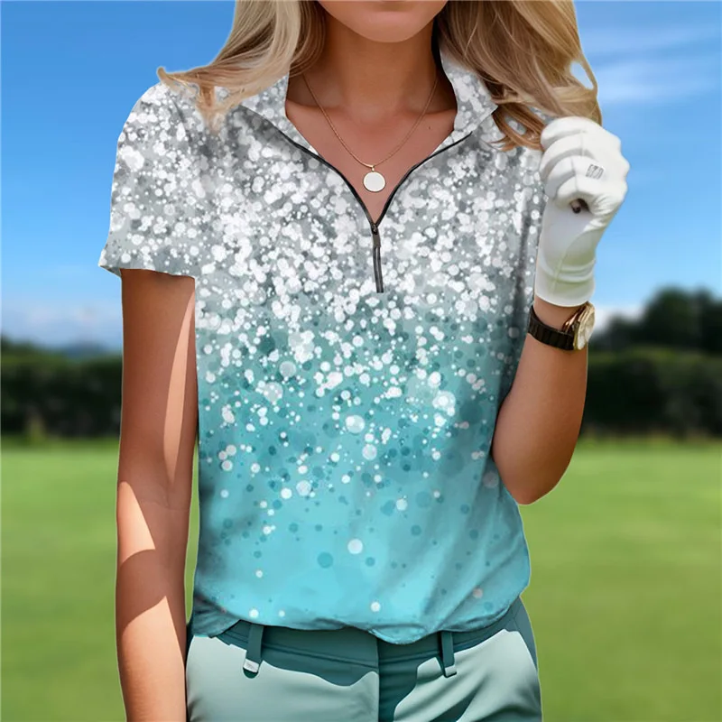 Gradient shiny crystal lapel zipper short sleeved women's POLO shirt, loose and simple 3D printing in summer WF6