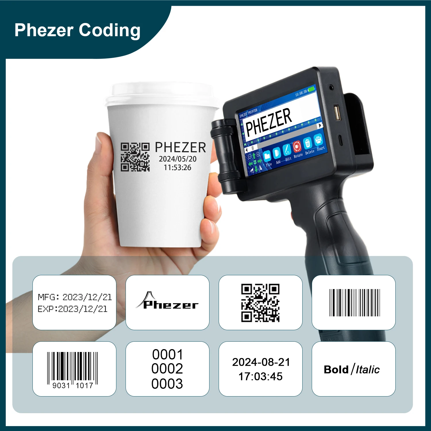 Phezer P17 Label Printer 12.7mm Handheld Inkjet Printer 28 Languages Date Number Expiry Date Logo QR Bar Batch Code Expiry Date