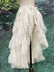 Gothic Lolita Lace Mesh Ruffles Fairy Princess Party Skirt Women Asymmetrical Cute Curtain Sheer Cover Up Thin Long Skirt White