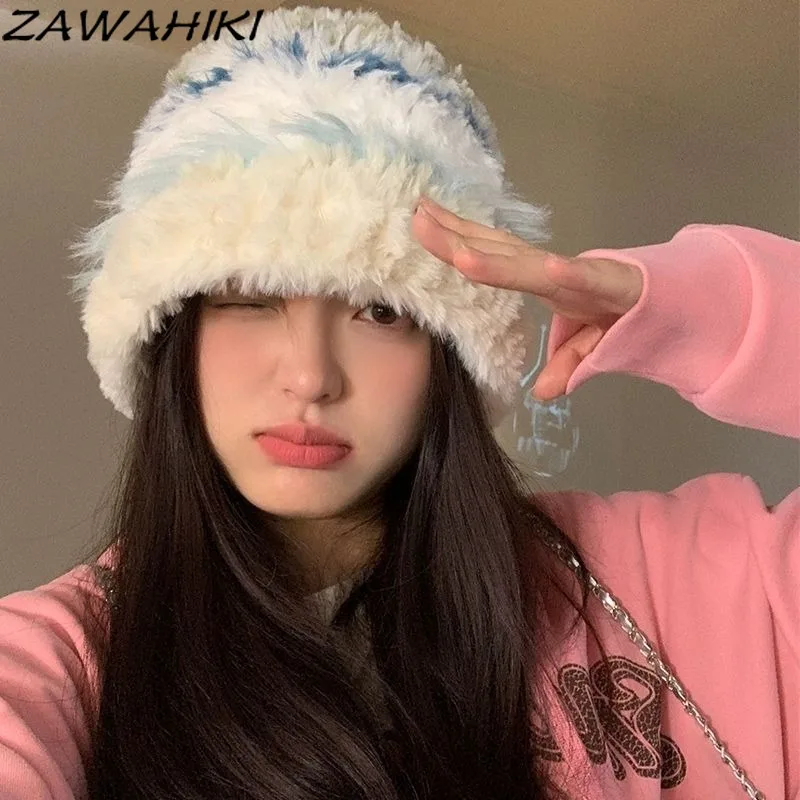 Winter Knitted Hats for Women Contrast Color Keep Warm Fur Hat Korean Fashion Bomber Hats Casual Office Lady Snow Beanie Female