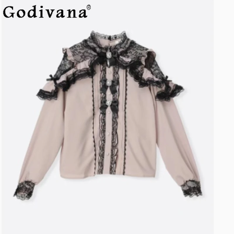

Elegant New Off-shoulder Sexy Lace Ruffles Cute Bow Sweet Long Sleeve Shirt Temperament Girls Peter Pan Collar Versatile Top