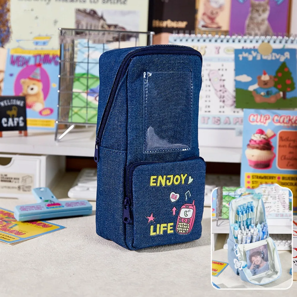 

Kawaii Denim Pencil Bag Multi Layer Large Capacity Pencil Case Zipper Photo Display Stationery Storage Bag School Supplies