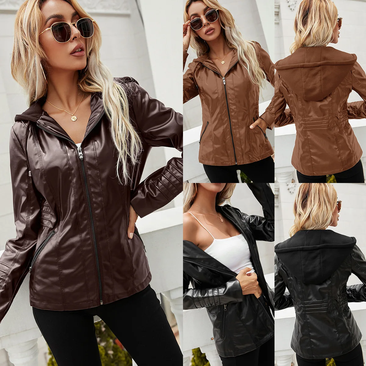 Leather Hooded Jackets Zipper Long Sleeve Solid Women\'s Leather Jacket Fashion Street Trend Motorcycle Outerwear Coat Clothing