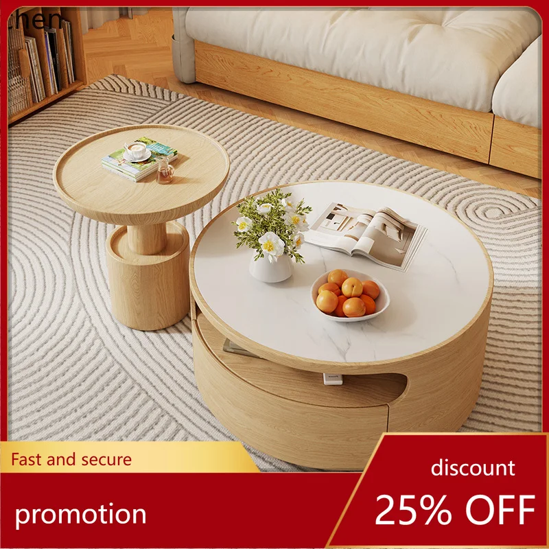 

HXL Solid wood tea table, small apartment, living room, wooden wind wheel, multifunctional stone tea table