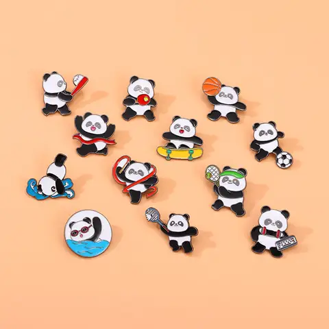 Cartoon Sport Panda Enamel Brooch Cute Swiming Soccer Badminton Tennis Enamel Lapel Badge Pins Jewelry Gifts For Women Girls