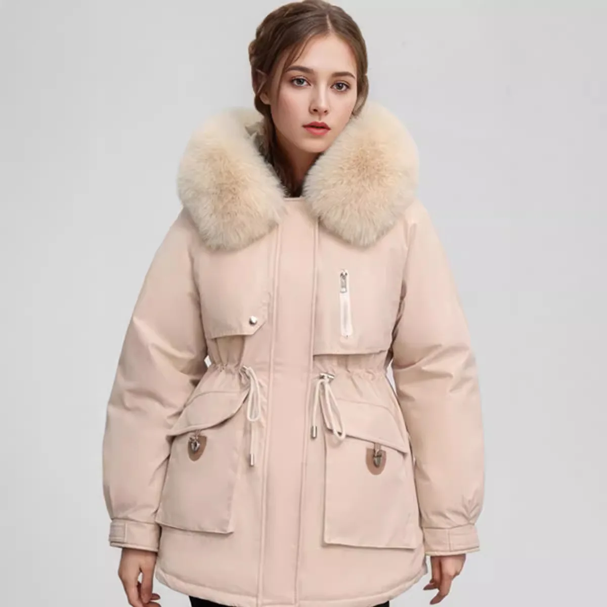 Women\'s Parkas 2024 Winter Women\'s Cotton Jacket Fur Collar Warm Hooded Coats Female Waist Drawstring Slimming Winter Coat