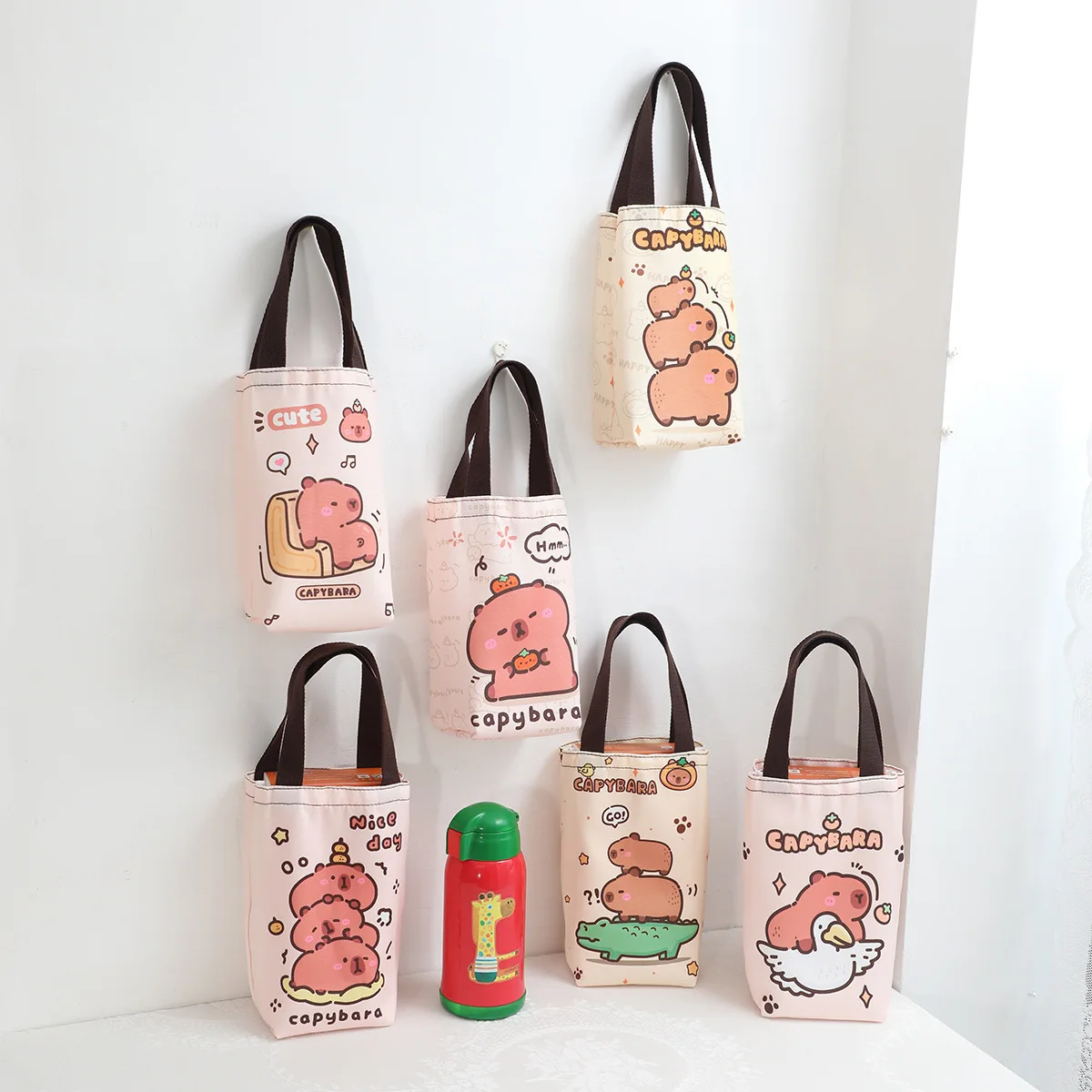 Cute Printed Canvas Bag Casual Water Bottle Tote Bag Portable Capybara Children'S Thermos Storage Bag For Outdoor Travel